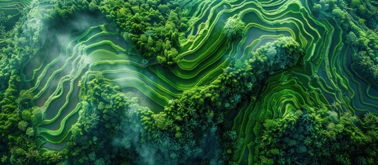 An overhead perspective of a dense and vibrant green forest.