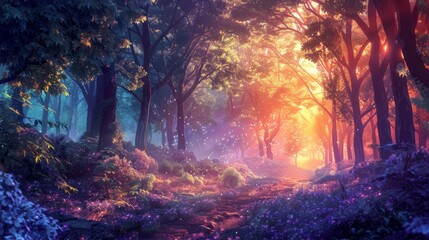 Beautiful fantasy forest with sunlight and fog. Magical atmosphere