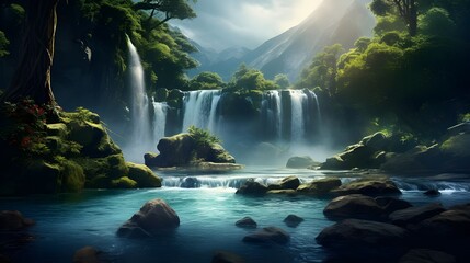 A river flows through a dense forest, with a large waterfall on the right and rocks covered in moss on the left. - obrazy, fototapety, plakaty