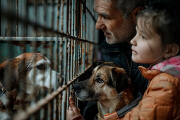 Father and daughter with their dog visit kennel to adopt senior dog