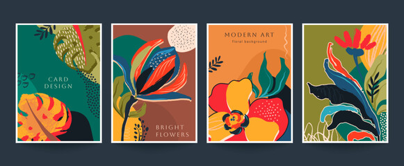 Set of four vector pre-made cards in modern style with nature motifs, flowers and leaves. Templates for your design. - 752200093