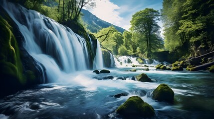 Serene Waterfall Landscapes: Exploring Nature's Flowing Beauty, Mossy Rocks and Cascading Streams: A Scenic Nature Adventure, Tranquil River Scenes: Serenity Amidst Lush Greenery, Flowing Waters  - obrazy, fototapety, plakaty