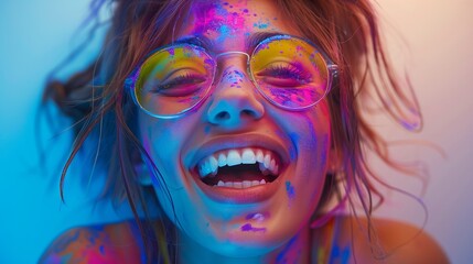 A woman wearing glasses is covered in colored powder, smiling and laughing