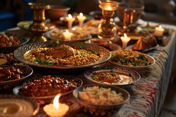 Fototapeta na wymiar Table full of Arabic food and decorated with candles