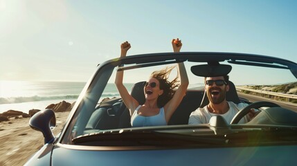 Romantic trip. A young couple enjoys a ride in a classic vintage sports car. Concept of travel,...