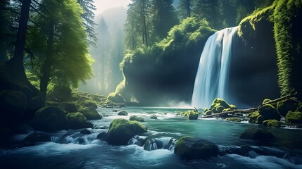 A river flows through a dense forest, with a large waterfall on the right and rocks covered in moss on the left. - obrazy, fototapety, plakaty