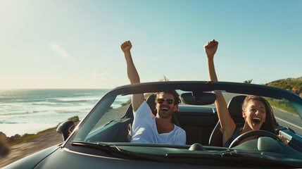 Romantic trip. A young couple enjoys a ride in a classic vintage sports car. Concept of travel, modern cars and romantic vacation.