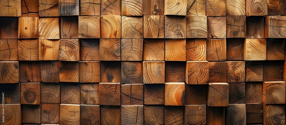 Poster a close-up view of a sturdy wall constructed entirely of wooden planks stacked horizontally. the wal