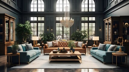 A large, luxurious living room with high ceilings and large windows. There are two blue-green sofas, one brown leather sofa, and two coffee tables. The room is decorated with many potted plants and th - obrazy, fototapety, plakaty