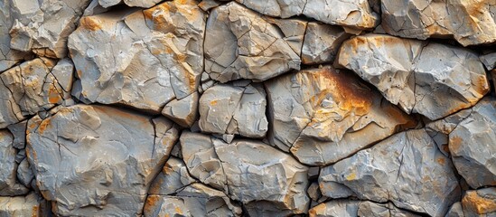 A close up view of a rock wall revealing intricate details of rust and weathering on the surface.