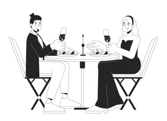 Heterosexual couple on romantic date black and white 2D line cartoon characters. Caucasian adult girlfriend boyfriend isolated vector outline people. Speed dating monochromatic flat spot illustration