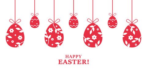 Festive Easter banner with red easter eggs with white floral patterns hanging against a white background with a cheerful greeting.