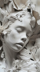 Sculpture of a woman's face with flowers. Palette of light colors. Like the Renaissance. Generative AI