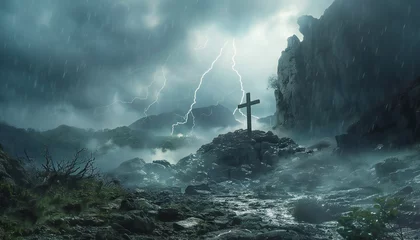 Foto op Plexiglas Recreation of a cross in a inhospitable place under a big storm © bmicrostock