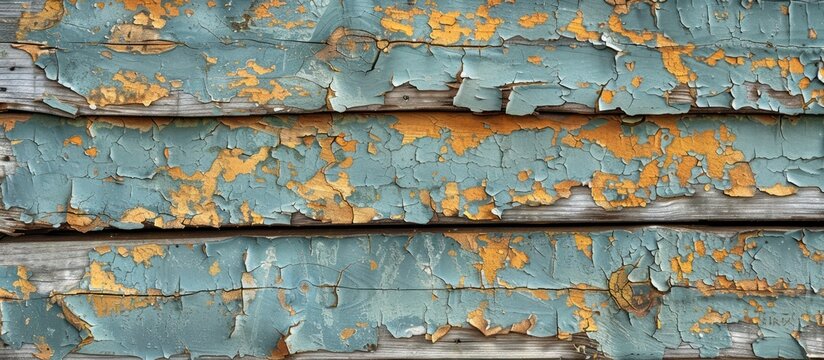 Detailed view of peeling paint on a wooden wall, showcasing the weathered and deteriorating surface.