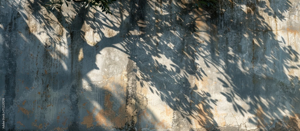 Poster a tree casts a shadow on an aged cement wall, creating an intricate pattern of light and dark shapes