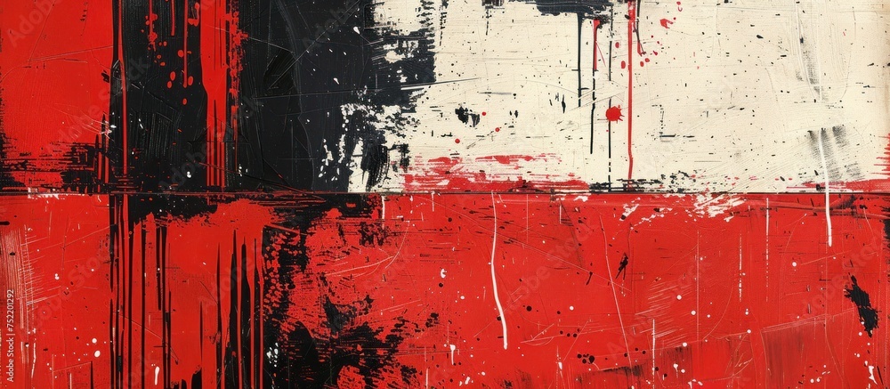Poster dynamic abstract painting with bold black, white, and red strokes creating a visually striking compo