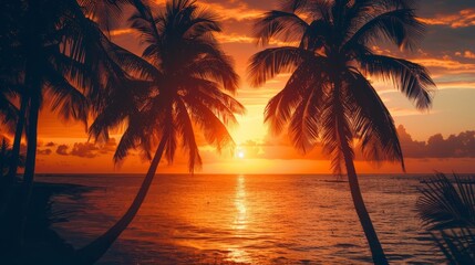 Tropical beach with palm trees at beautiful sunset - obrazy, fototapety, plakaty