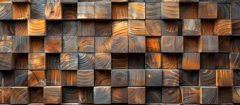 Poster this image shows a wall made entirely of wooden blocks with diverse patterns, creating a unique and 