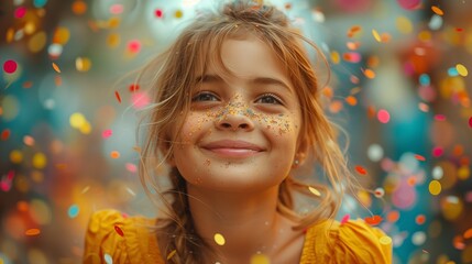 Fototapeta na wymiar The little girls eyes sparkle as she smiles surrounded by confetti
