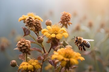 bees pollinate flowers in the morning fog of the last days of summer, landscape, silence and beauty of wildlife in early autumn Generative AI