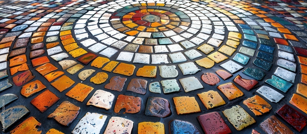Poster a detailed view of a circular mosaic design composed of various vibrant colors, creating a mesmerizi