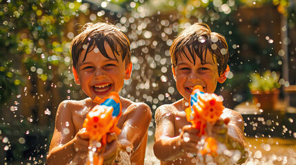 Two children in a wet pool playing with water guns in summer - Powered by Adobe