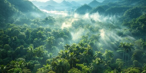 In the serene morning light, fog blankets the lush forest, creating a mystical atmosphere in the...