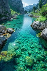 In the pristine wilderness, a turquoise river winds through a scenic valley, flanked by lush forests and towering cliffs. - obrazy, fototapety, plakaty