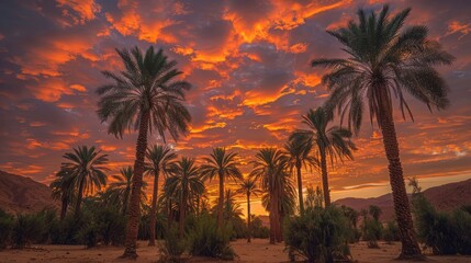 Obraz premium Sunset in the desert with palm trees and sand dunes.