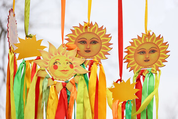 Russian Maslenitsa, shrovetide decorations on a street, traditional spring festival Pancake week