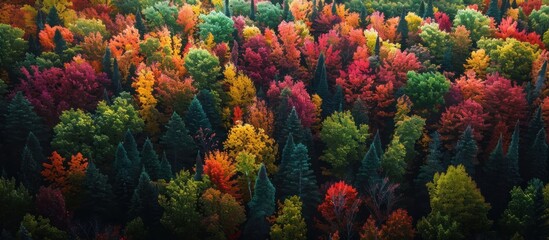 A dense forest filled with a variety of trees showcasing vivid fall colors, creating a vibrant canopy of reds, oranges, and yellows. - obrazy, fototapety, plakaty