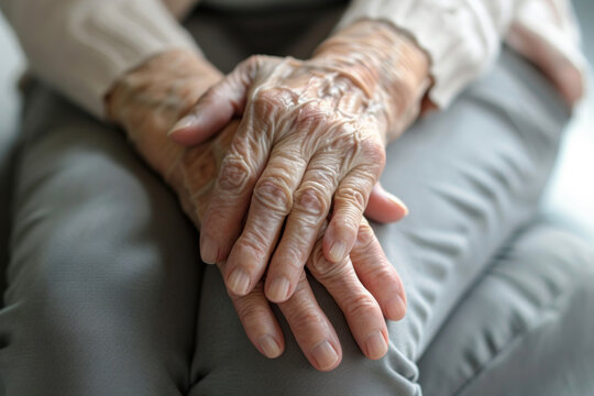 gros plan sur des mains de personne &acirc;g&eacute;e pos&eacute;e sur ses genoux