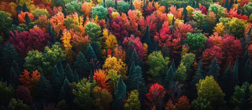 A dense forest filled with a variety of trees showcasing vivid fall colors, creating a vibrant canopy of reds, oranges, and yellows.