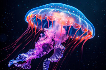 Beautiful bright jellyfish on a black background. close-up - obrazy, fototapety, plakaty