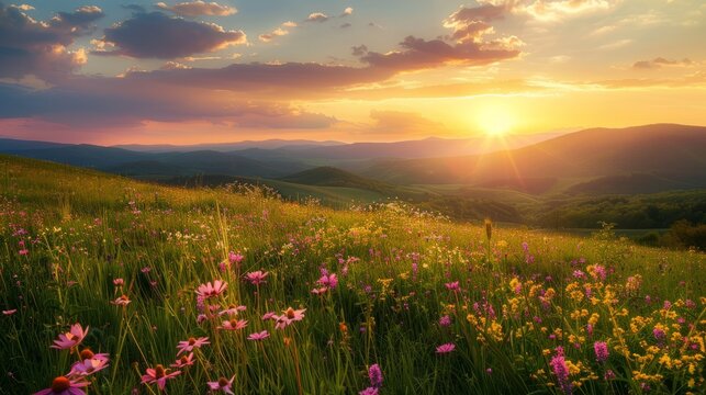 Meadow with wildflowers at sunset. Spring landscape.
