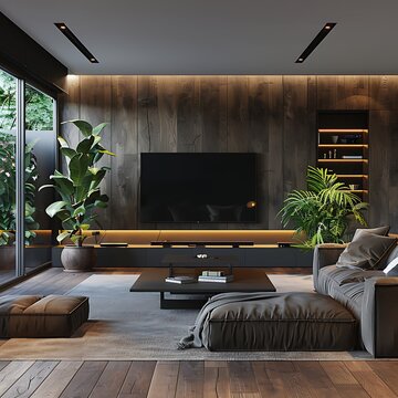 TV frame mock up in the modern living room with wood and tree for decoration
