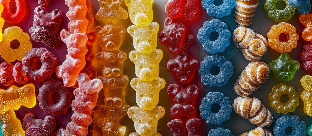 Poster a cluster of colorful gummy bears stacked on top of each other, creating a playful and vibrant arran
