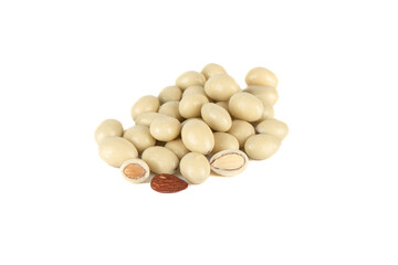 Fototapeta na wymiar Almond nuts in white chocolate glaze on a white background.