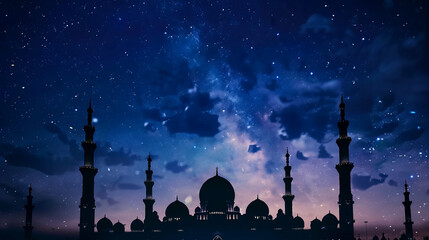 A serene night sky adorned with stars, casting a gentle glow over a grand mosque silhouette,...