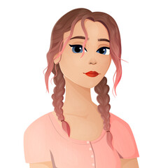 Vector illustration. Portrait of a girl with two pigtails