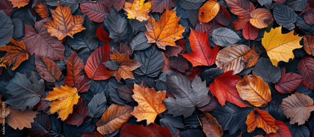 Poster a cluster of various leaves is scattered on the ground, creating a natural carpet of colors and shap