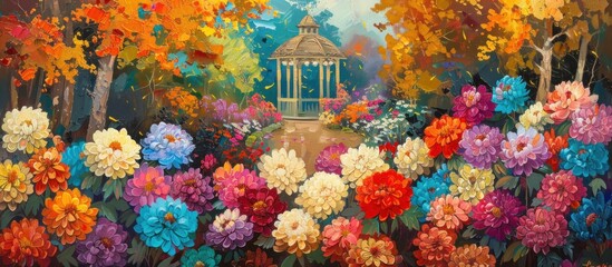 A colorful painting featuring various flowers in bloom surrounding a gazebo in a garden setting. - obrazy, fototapety, plakaty