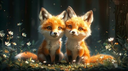 two small foxes on a lawn - obrazy, fototapety, plakaty