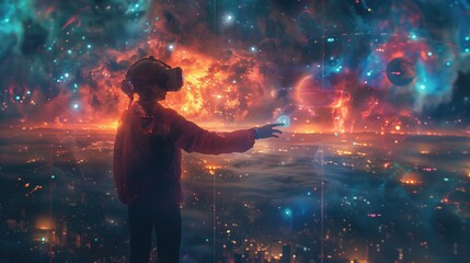 Little cute boy wearing virtual reality glasses with amazing background of virtual images of outer futuristic space.