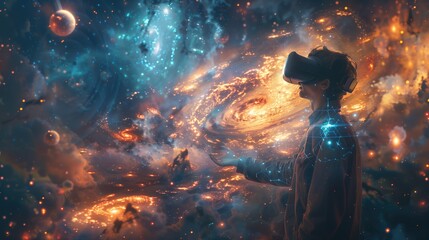 Little cute boy wearing virtual reality glasses with amazing background of virtual images of outer futuristic space. - obrazy, fototapety, plakaty