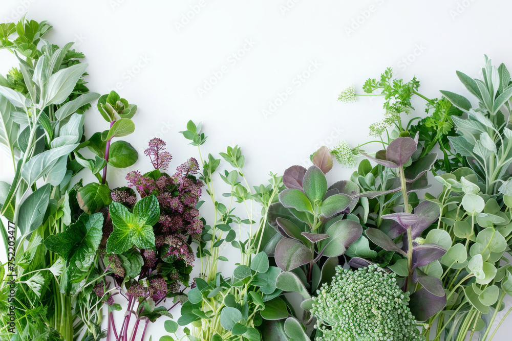 Wall mural Fresh Herbal Leaves and Green Plants on White Background for Healthy Lifestyle