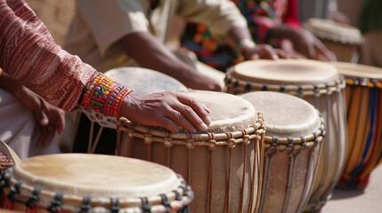 A traditional drum circle performing lively rhythms, spreading joy and excitement during Eid Mubarak celebrations. 8K.