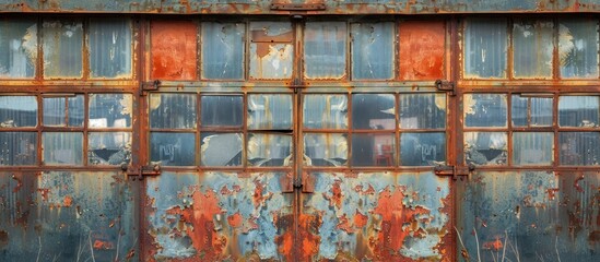 An old, weathered building covered in rust features multiple windows reflecting the passage of time through neglect and decay.