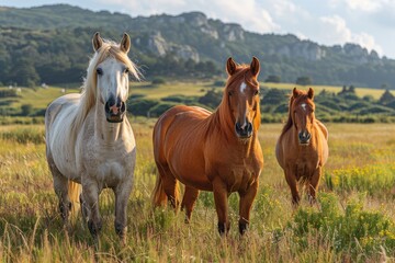 A powerful image of three horses with different coat colors, standing tall in a field of wildflowers